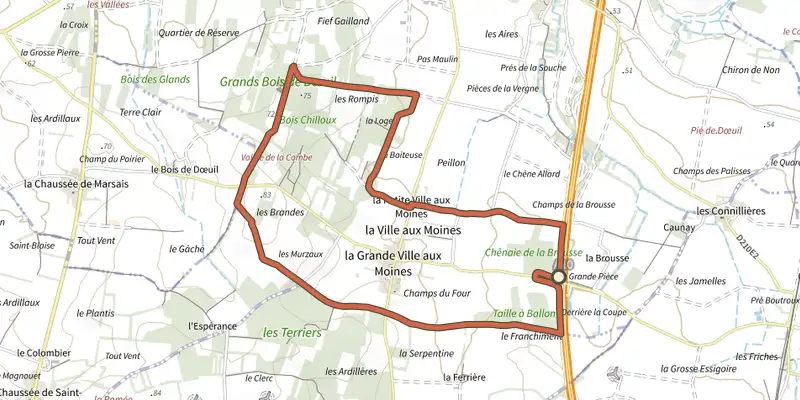 Carte du tracé de Les Bois sur le Plan IGN, départ et points de passage numérotés