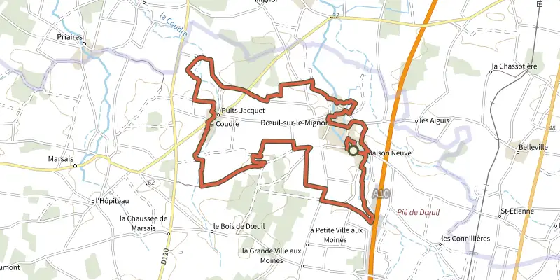 Map of the Les Moulins track on the IGN map, with the start and numbered waypoints