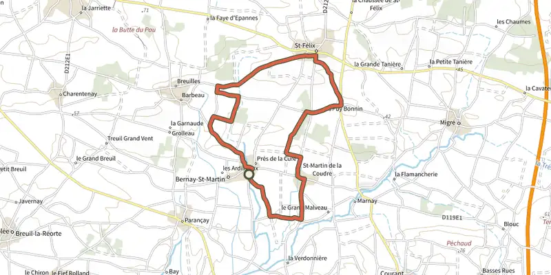 Map of the Saint-Martin - Bernay track on the IGN map, with the start and numbered waypoints