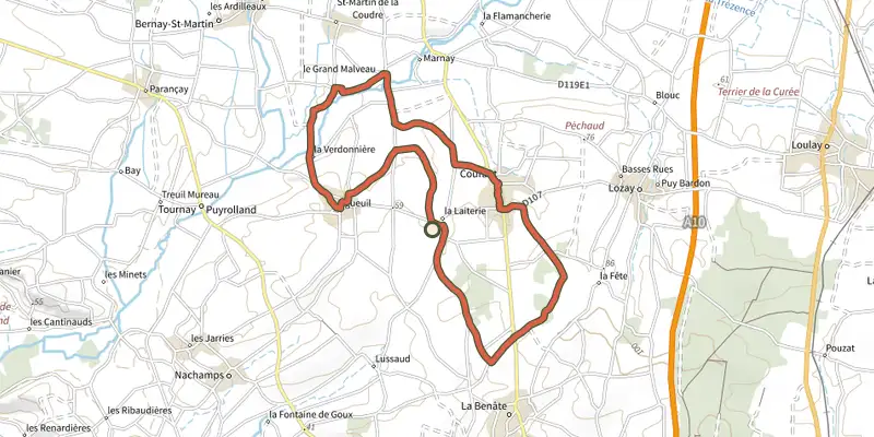 Carte du tracé de Des Fontaines de Sainte-Radegonde sur le Plan IGN, départ et points de passage numérotés