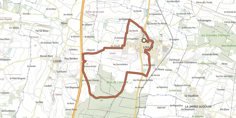 Carte du tracé de Loulay - Bois d'Essouvert sur le Plan IGN, départ et points de passage numérotés