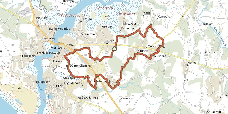 Carte du tracé de Tro Belz sur le Plan IGN, départ et points de passage numérotés