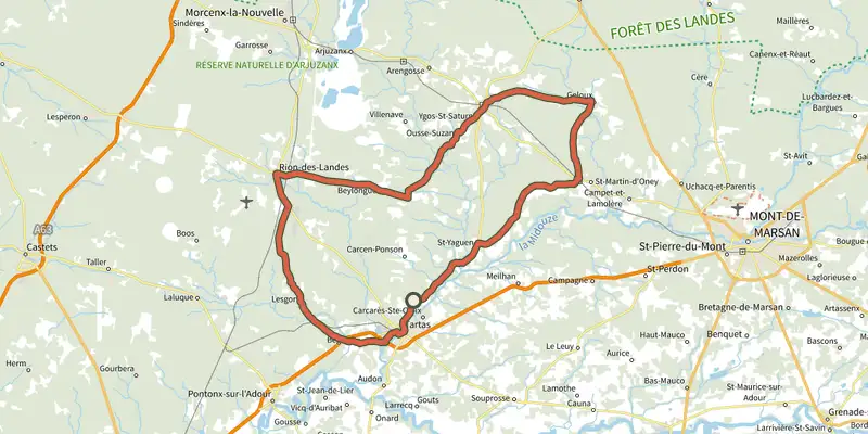 Map of the Chapelles et sources (Circuit principal) track on the IGN map, with the start and numbered waypoints