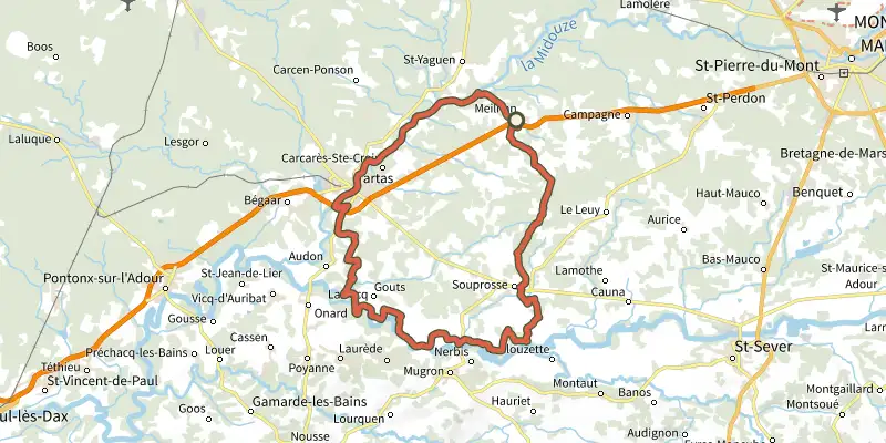Carte du tracé de Circuit VTT des chemins de halage de l'Adour et de la Midouze sur le Plan IGN, départ et points de passage numérotés