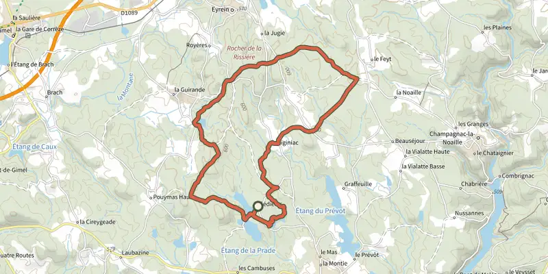 Carte du tracé de Ballade des Puys sur le Plan IGN, départ et points de passage numérotés