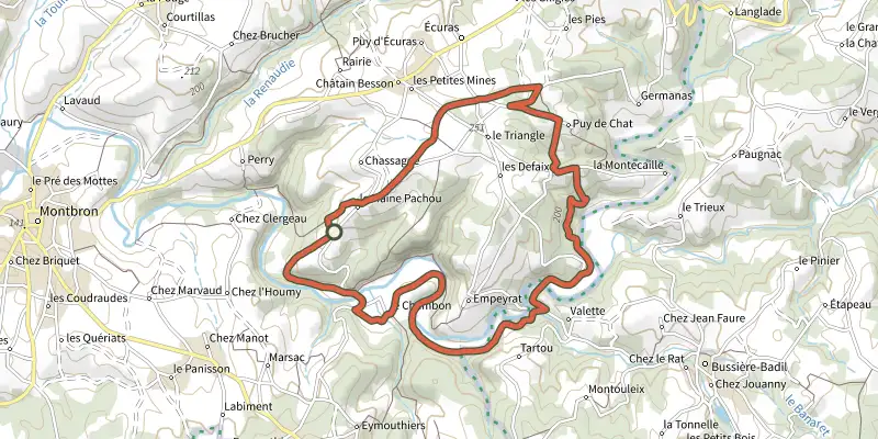 Carte du tracé de Chambon Station Circuit n°5 VTT sur le Plan IGN, départ et points de passage numérotés