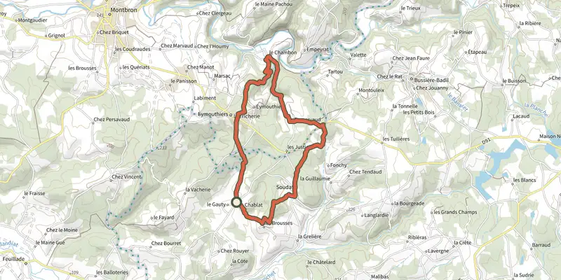 Carte du tracé de Chambon Station Circuit n°7 VTT sur le Plan IGN, départ et points de passage numérotés