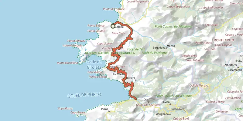 Map of the GT20 / Étape 6 : Galeria - Portu track on the IGN map, with the start and numbered waypoints