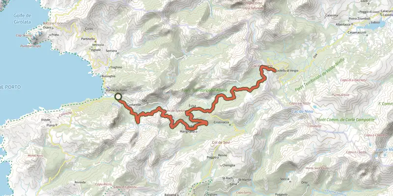 Carte du tracé de GT20 / Étape 7 : Portu - Verghju sur le Plan IGN, départ et points de passage numérotés