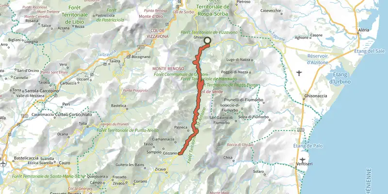 Carte du tracé de GT20 / Étape 10 : Ghisoni - Zicavu sur le Plan IGN, départ et points de passage numérotés
