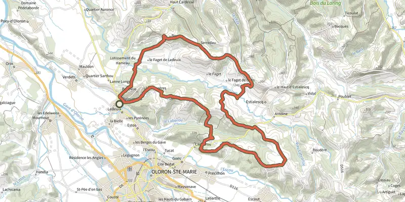 Carte du tracé de Le Faget sur le Plan IGN, départ et points de passage numérotés