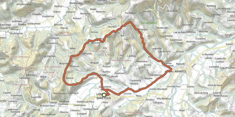 Carte du tracé de Tour de Lanne sur le Plan IGN, départ et points de passage numérotés
