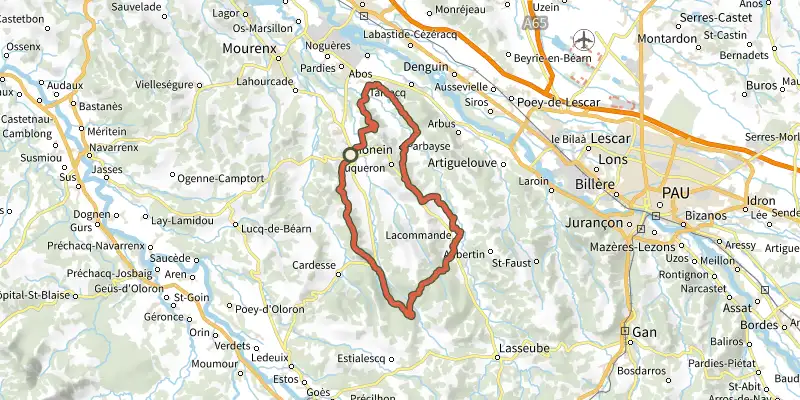Carte du tracé de Crêtes et Vignobles de Monein sur le Plan IGN, départ et points de passage numérotés