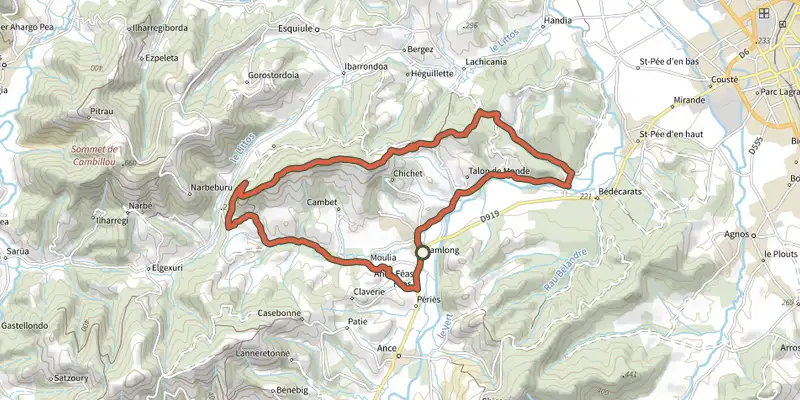 Map of the Le Soum de Thès track on the IGN map, with the start and numbered waypoints
