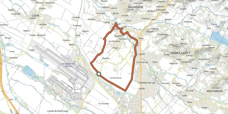 Carte du tracé de Dans la plaine du Pont-Long sur le Plan IGN, départ et points de passage numérotés