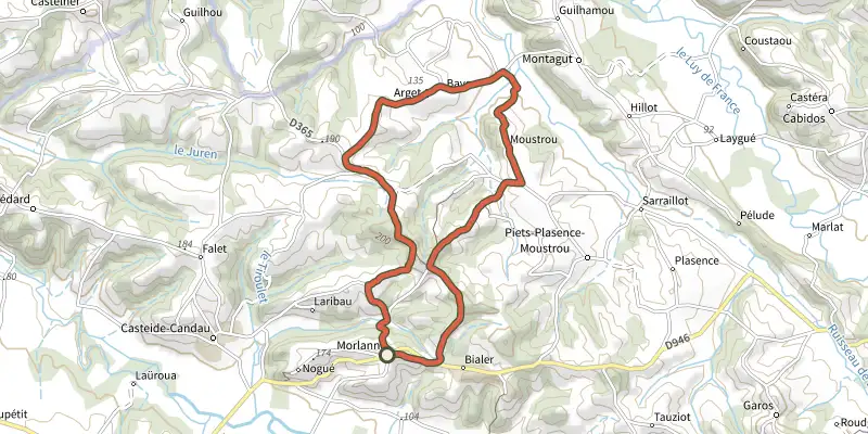 Map of the Les Palombières en VTT track on the IGN map, with the start and numbered waypoints
