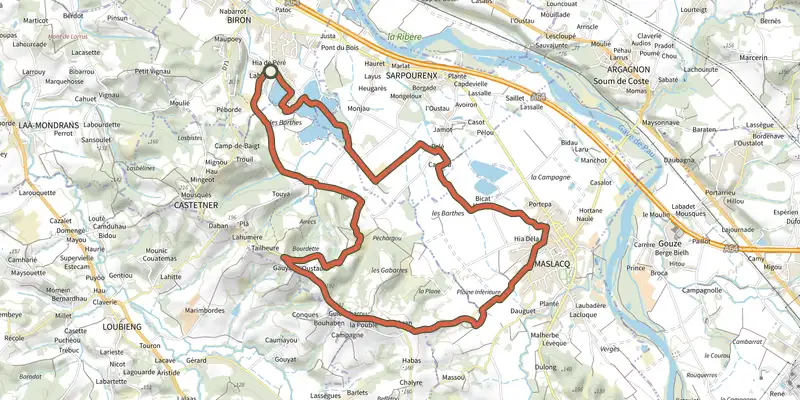 Carte du tracé de Boucle Biron,Maslacq,Castetner sur le Plan IGN, départ et points de passage numérotés