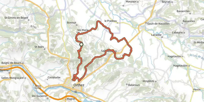 Carte du tracé de D'Orthez à Bonnut (VTT Nord) sur le Plan IGN, départ et points de passage numérotés