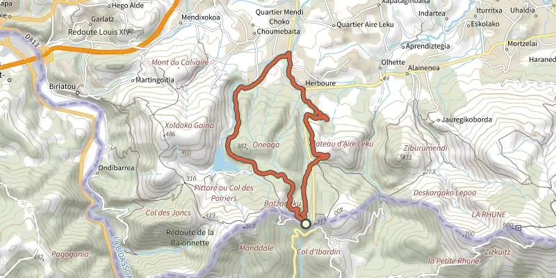 Carte du tracé de Le sentier d'Ibardin sur le Plan IGN, départ et points de passage numérotés