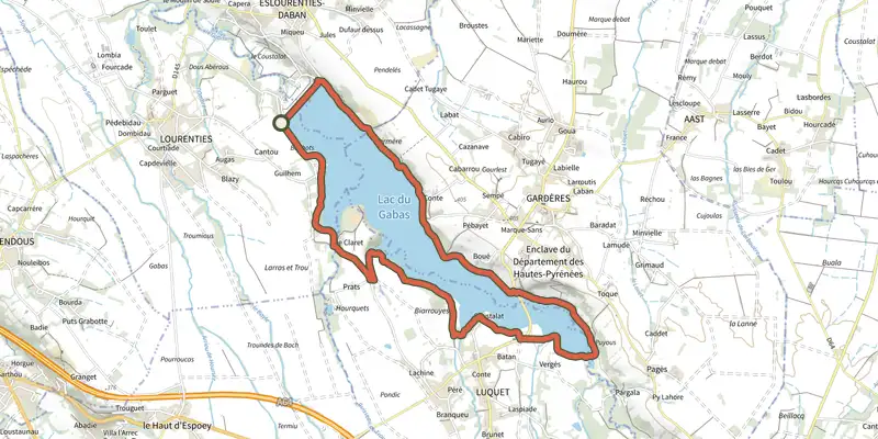 Map of the Tour du lac du Gabas track on the IGN map, with the start and numbered waypoints