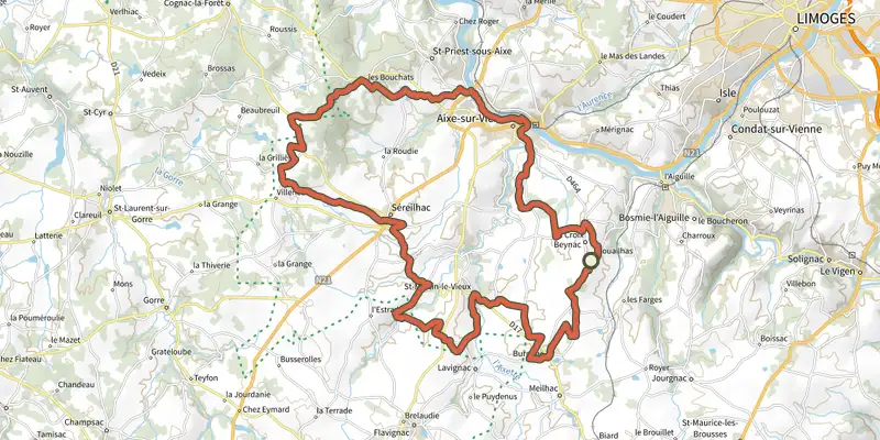 Map of the Val-de-Vienne Tour - Boucle d'Aixe-sur-Vienne track on the IGN map, with the start and numbered waypoints
