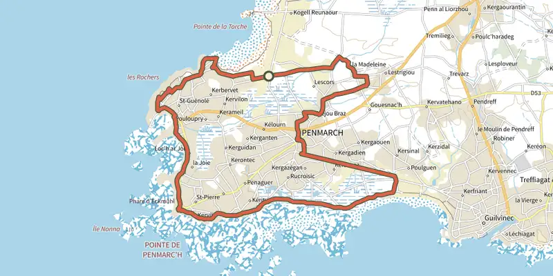 Map of the La Penmarchaise track on the IGN map, with the start and numbered waypoints