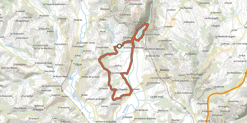 Carte du tracé de Vézère et Crêtes sur le Plan IGN, départ et points de passage numérotés