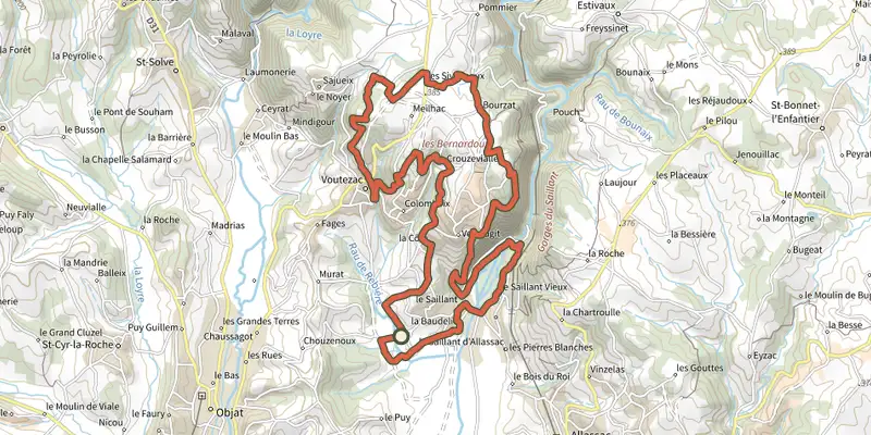 Map of the Les Côteaux de Voutezac track on the IGN map, with the start and numbered waypoints