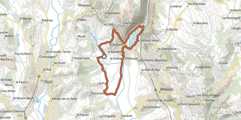 Carte du tracé de Les Côteaux du Saillant sur le Plan IGN, départ et points de passage numérotés