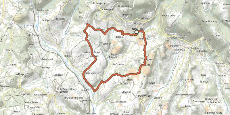 Carte du tracé de Tour de la Vicomté Boucle Noailhac sur le Plan IGN, départ et points de passage numérotés