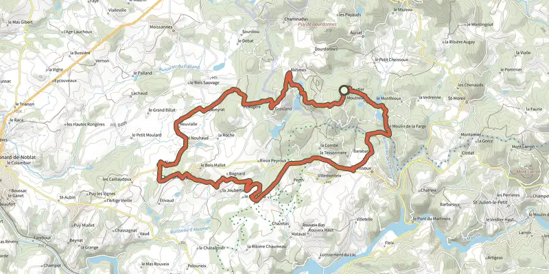 Carte du tracé de Circuit n°4 - Champnétery - Monts d'Auriat sur le Plan IGN, départ et points de passage numérotés
