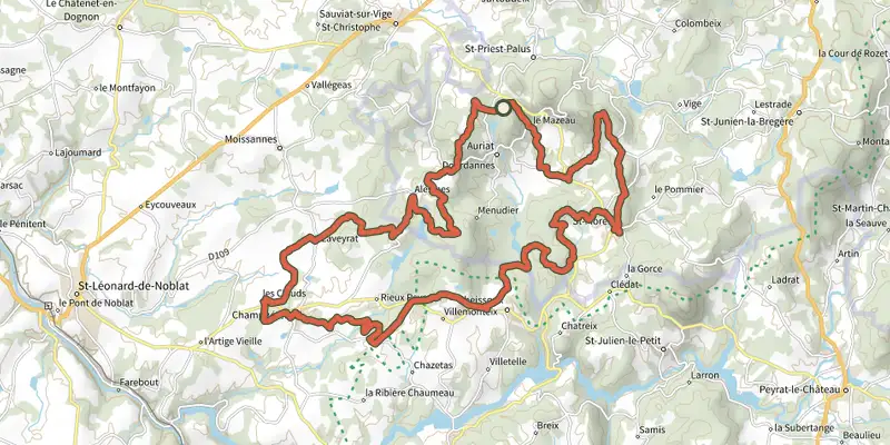 Map of the Circuit n°6 - Monts d'Auriat track on the IGN map, with the start and numbered waypoints