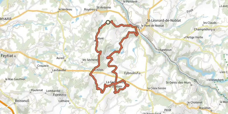 Map of the Circuit n°2 - De La Geneytouse à St-Léonard-de-Noblat track on the IGN map, with the start and numbered waypoints