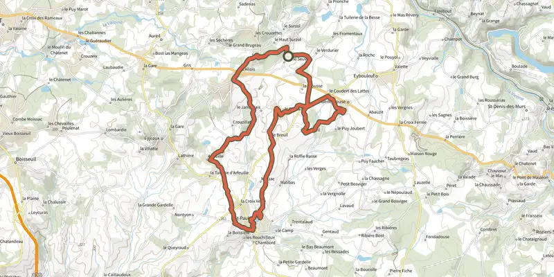 Map of the Circuit n°1 - De Saint-Paul à la Geneytouse track on the IGN map, with the start and numbered waypoints