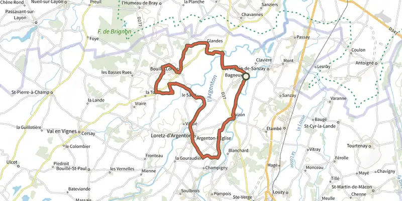 Map of the Vignes et ponts en Argentonnais track on the IGN map, with the start and numbered waypoints