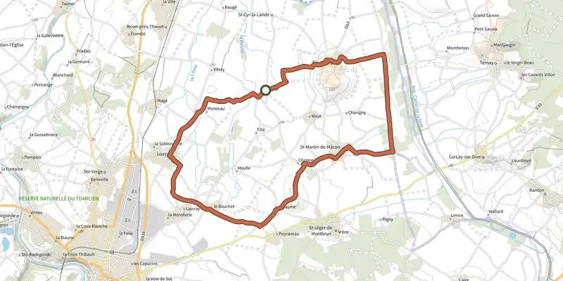 Map of the D'un village à l'autre track on the IGN map, with the start and numbered waypoints