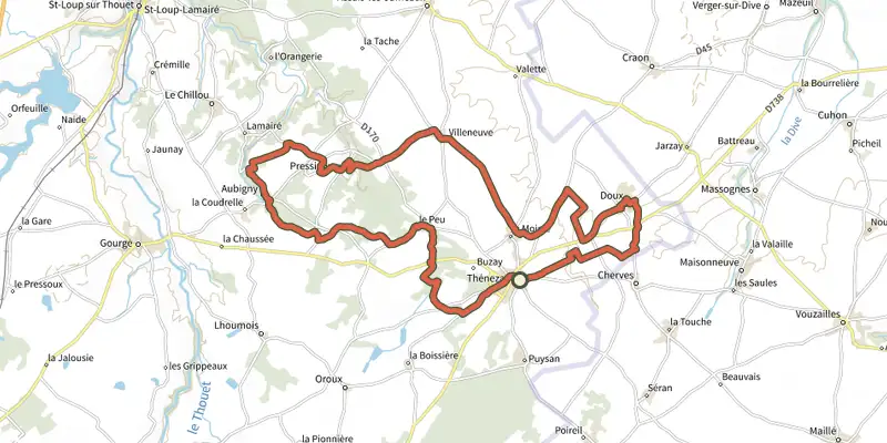 Carte du tracé de Balade en Thénezéen sur le Plan IGN, départ et points de passage numérotés