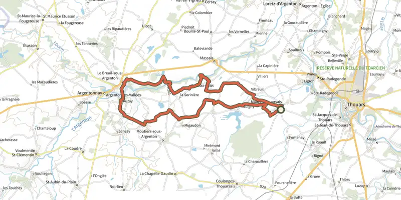 Carte du tracé de De la plaine Thouarsaise à la vallée de l’Argenton sur le Plan IGN, départ et points de passage numérotés
