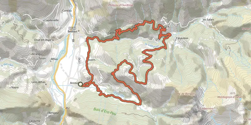 Carte du tracé de Tour Bergout Ichantes Jaupins VTT asp31 sur le Plan IGN, départ et points de passage numérotés