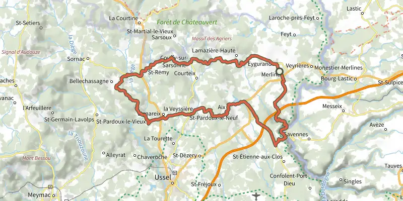 Carte du tracé de Les Agriers sur le Plan IGN, départ et points de passage numérotés