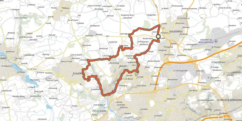 Map of the BMO Circuit VTT n°2 track on the IGN map, with the start and numbered waypoints