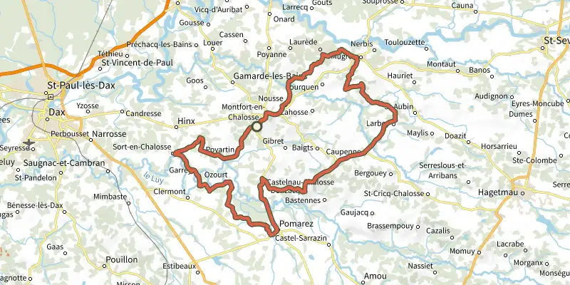 Map of the Coteaux et vallons de Chalosse track on the IGN map, with the start and numbered waypoints