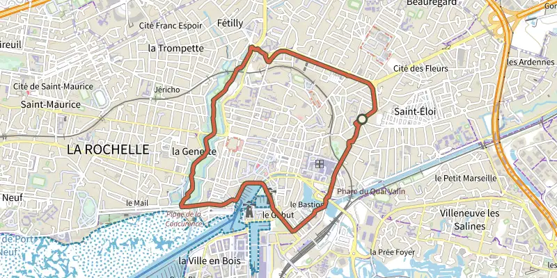 Carte du tracé de La Rochelle sur le Plan IGN, départ et points de passage numérotés