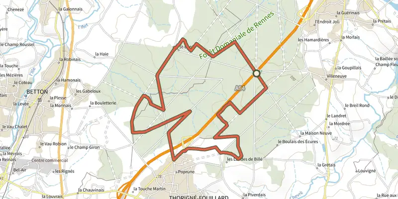 Map of the VTT n°3 - Ouest Mi-Forêt track on the IGN map, with the start and numbered waypoints