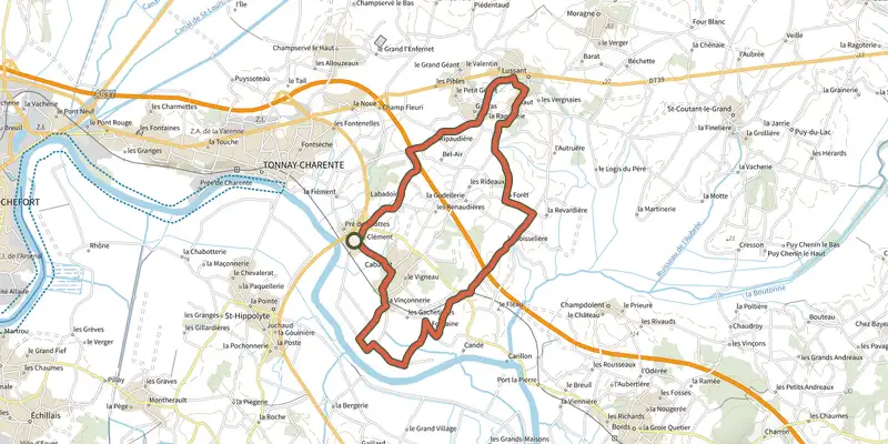 Carte du tracé de Le Chemin de Saint-Clément sur le Plan IGN, départ et points de passage numérotés