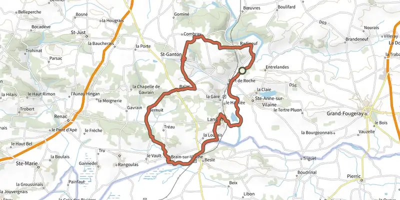Carte du tracé de Boucle vélo de Brain-Langon sur le Plan IGN, départ et points de passage numérotés