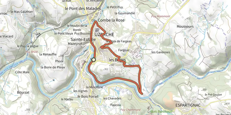 Carte du tracé de P'tit Tour de la Perle du Limousin sur le Plan IGN, départ et points de passage numérotés