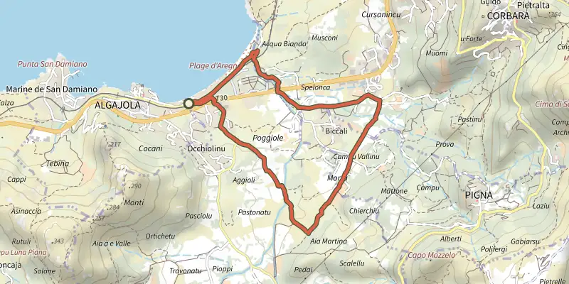 Carte du tracé de Boucle VTT FFC 5 - San Ciprianu sur le Plan IGN, départ et points de passage numérotés