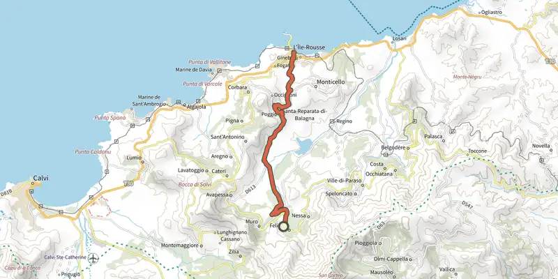 Carte du tracé de Traversée Feliceto - L'Ile-Rousse sur le Plan IGN, départ et points de passage numérotés
