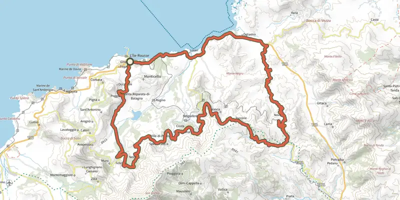 Map of the Grand tour des Pieve track on the IGN map, with the start and numbered waypoints